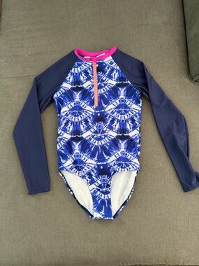 art class Navy Blue Tie-Dye Long Sleeve One-Piece Swimsuit with Pink Trim